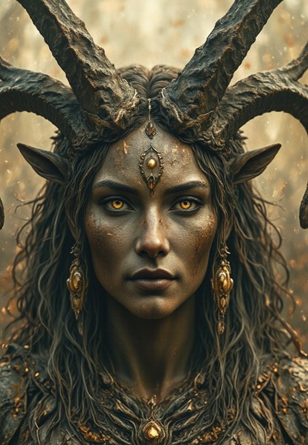A powerful earth goddess with three sets of eyes and ram-like horns adorns her head