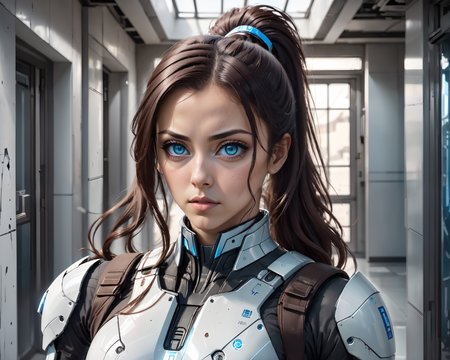 a closeup portrait photo battleworn soldier, a beautiful mature persian woman with pale blue piercing eyes, extremely detailed facial features, dark brown hair, mega ponytail, big hair, long thick hair, destruction and debris, future modern architecture, backlighting, clean white hallway in background, futuristic (shiny reflective) armor, bulky mech armor, high tech, advanced technology, (((mirrored stainless steel))), small pupils, looking beyond the camera, intense, serious, large upper body, feminine, lens flare, <lora:xl_mega_ponytail-1.0:0.9>