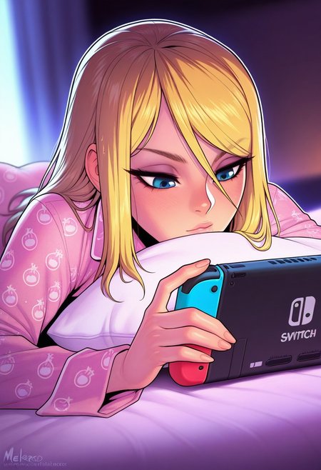 masterpiece,best quality,amazing quality,
artist: melkor,, (artist: incase:0.7), white outline glow, long wet hair, chromatic abberation, blurred background, dimmed background,
1 girl, gaming, playing the nintendo switch, relaxing and playing the switch, lying in bed,
Samus Aran (Metroid series),
Soft Pink patterned pajamas, relaxing,  default location,
detailed character, detailed face, detailed skin, detailed hair, detailed clothing