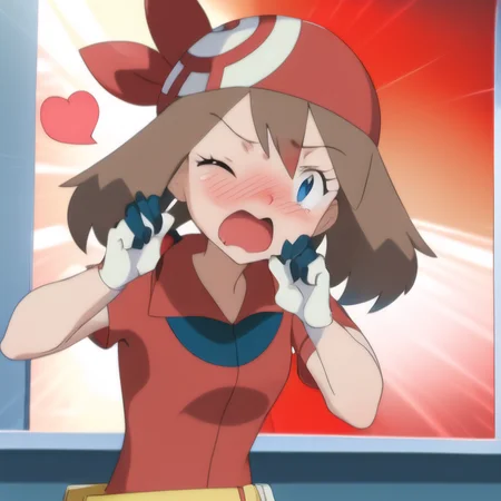 May_Anime, 1girl, solo, (red bandana, red shirt, short sleeves, blue eyes, white skirt), creative frame, creative shot, perfect lighting, best quality, masterpiece, extremely cute, (absurdres), (((embarrassed face, looking at viewer, blushing, screaming, funny pose, anime screenshot)))<lora:May_Anime-10:0.9>, town street, ((closed eye))