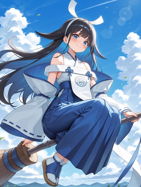 shinonome the vaylantz priestess,1girl,solo,white broom,broom riding,cloud,blue sky,smile,looking at viewer,blush,bare shoulders,full body,colored inner hair,white hairband,white ribbon-trimmed sleeves,white sleeveless kimono,blue hakama skirt,white tabi,blue sandals,white breast curtain,blue sky,
masterpiece,best quality,amazing quality,very aesthetic,absurdres,newest,scenery,extreme detail,8k,light particles,soft lighting,volumetric lighting,intricate details,finely detailed,detailed eyes,<lora:Shinonome the Vaylantz Priestess illusXL v1.1:0.75>,