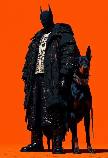 A hyper-realistic and ultra-detailed digital artwork of a man standing confidently, wearing a sleek black balaclava with avant-garde design elements by Maison Margiela, covering his entire head and neck, featuring intricate textures of fine mesh and glossy black leather accents. He dons an oversized black puffer jacket adorned with vertical white Japanese script, exuding minimalist yet luxurious vibes. His ensemble is completed with oversized black synthetic cargo trousers, flowing with subtle sheen, and chunky black oversized boots with a futuristic aesthetic. He faces the viewer directly, his piercing gaze emanating a commanding presence, leaning slightly to his left. In his left hand, he holds a chrome-spiked leash attached to a powerful black Doberman, whose collar gleams with metallic spikes. The backdrop is a vivid orange, seamlessly transitioning into an orange-tiled floor, creating a bold and dynamic visual contrast. The scene is lit with dramatic precision, using a fast shutter speed of 1/500, an ISO of 100 for sharpness, and a wide aperture of f/2.8 for a shallow depth of field, capturing every intricate detail and texture in stunning clarity. HD, 8K quality, ultra-detailed, masterpiece artwork, flawless anatomy. mythp0rt, midjourney_whisper_avant_couture, ne0nfant4sy