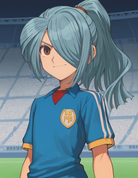 score_9, score_8_up, score_7_up, masterpiece, 
<lora:FSR:1>, light smile, soccer, stadium, 
fsr,  hair over one eye, blue hair, ponytail, nathan, <lora:Nate:1>, brown eyes, raimon soccer uniform,