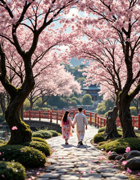 Hyper-detailed photo of a serene Japanese garden in full cherry blossom bloom, rendered in exquisite 8K resolution. A couple walks hand-in-hand along a winding stone pathway, their figures small yet distinct against the lush landscape. The scene captures the essence of 'hanami' - the Japanese tradition of appreciating the transient beauty of flowers. Foreground features ancient cherry trees with gnarled, character-rich trunks and branches heavy with delicate pink blossoms. Soft pink petals float gently through the air, creating a dreamy, romantic atmosphere. The stone pathway is meticulously detailed, showing moss-covered edges and subtle wear from centuries of footsteps. Traditional Japanese architectural elements punctuate the landscape: a red lacquered bridge arches over a koi-filled pond, its reflection rippling softly in the water. A distant pagoda peeks through the cherry blossom canopy, its elegant silhouette adding depth and cultural context. The color palette is dominated by soft pinks and whites of the cherry blossoms, complemented by the lush greens of carefully manicured shrubs and the deep, rich browns of wooden structures. Lighting suggests early morning or late afternoon, with gentle, diffused sunlight filtering through the blossoms, creating a warm, golden glow that enhances the romantic atmosphere. The couple's body language conveys a quiet intimacy - their closeness and synchronized steps suggesting a deep, comfortable love. Their traditional Japanese attire (perhaps a kimono for her and a hakama for him) adds to the cultural authenticity of the scene. aidmafluxpro1.1, aidmaimageupgrader, aidmamj6.1