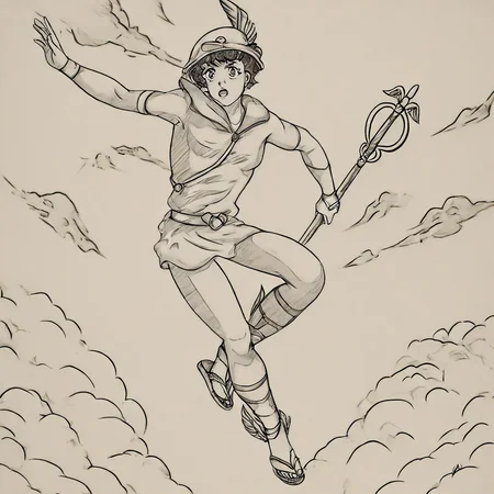h_mercury,talaria,holding, staff, sandals, runnning, background stunning sky with clouds<lora:Mercury:0.7>  <lora:Mezzotint_Artstyle_for_Flux_-_by_Ethanar:0.5> <lora:CPA:0.7>anime style <lora:RetroAnimeFluxV1:0.8>