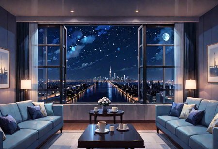 ((((front view)))), Shallow scene, ((animation style)), (((City high-rise building scenery))), ((((City scenery outside the window)))), ((sense of mystery)), (night), starry sky, moonlight, (weak warm light), (Facing the window), (open window), modern-style interior,  (sofa and coffee table by the window sill), Wooden floor, with white walls, (large windows), carpet, a living room, (((Sofa placed horizontally))), (Behind the sofa is the window sill),