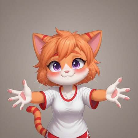 SuperKitties, Anthropomorphic body, Ginny, mammal, furry, orange tabby munchkin, \(artwork\), high quality/resolution, 4K, 2023, solid color background, solo focus, shaded, portrait, fur, female, biped, short stack, purple eyes, red stripes (in between 2 zig zag stripes), cat tail, ears down, chestnut (color) orange thin eyebrows, eyes opened, blushing red face, light pink solid color shirt, oversized shirt, magenta dolphin shorts, looking at the viewer, one eyelash, POV, incoming hug, hands reaching the viewer, smiling, sad, mouth slightly open, no hair only fur, shading, round-shaped head, white whiskers, white vanilla colored hands and feet (paws) close up, head slanted sideways