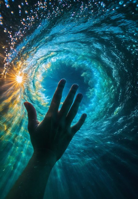 a breathtaking underwater photo of a hand underwater touching the surface to create a ripple of bright abstract eye galaxy nebula vortex of beauty and nature, sunlight and chaos