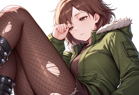masterpiece,high quality details, absurdres,colorful, 
 <lora:Hiro_Kurusu_V2:0.8> hiro_cnr,  1girl, brown hair, short hair, brown eyes,, simple background, white background, sideways,solo,, in heat,sleepy,, mesh shirt  ,parka,torn pantyhose,  ,spiked legwear,