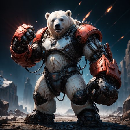 amazing quality, masterpiece, best quality, hyper detailed, ultra detailed, UHD, HDR, DOF, depth of field, perfect anatomy, sci-fi,
polar bear, red giant mechanical arms, fighting stance, fist, hand up,
glowing, shine, dazzling,
<lora:cfc-giant-mechanical-arms:0.75>,
<lora:add-detail-xl:0.85>, 
<lora:EnvyBetterHiresFixXL01:1.0>, 
<lora:extremely_detailed:1.0>, extremely detailed,