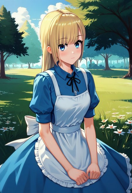 score_9, score_8_up, score_7_up, 1girl, A young woman, with blue eyes and blonde hair, wears a blue dress with a white apron in an alice in wonderland style,  She is in a serene environment, with a natural landscape in the background.4y4ne
