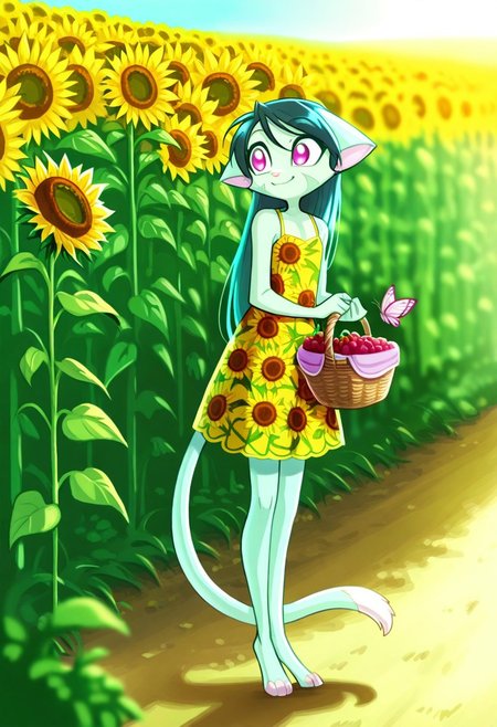 score_9, score_8_up, score_7_up,lilith_calah,
1girl,solo,furry,tail,dark green hair, source_furry,
 ,<lora:lilith_calah_illustrious:0.8>,
child, kid,
in a sunflower dress holding a basket of fresh berries, standing in a sunlit meadow with butterflies fluttering around her, sunflower_dress, basket, berries, meadow, butterflies, smile, happy, cute, long_hair, outdoor, nature, sunny, pastel_colors, peaceful