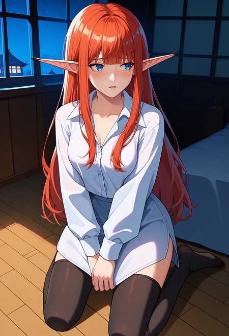 score_9, score_8_up, score_7_up, anime screencap, source_anime, 1girl, solo,
<lora:Eiselin_Hulkenberg_Metaphor_ReFantazio_V1:.85>, KJOEiselin, red hair, blue eyes, pointy ears, blunt bangs, long hair,  
white collared shirt, oversized shirt, black thighhighs, open collar, collarbone,
embarrassed, heavy blush, wariza, kneeling, looking to the side, parted lips,
night, nighttime, east asian architecture, dark room, bedroom, traditional bedroom, window, wooden floor, dimly lit,
(Beautiful, medium Breasts:1.2), mature female,