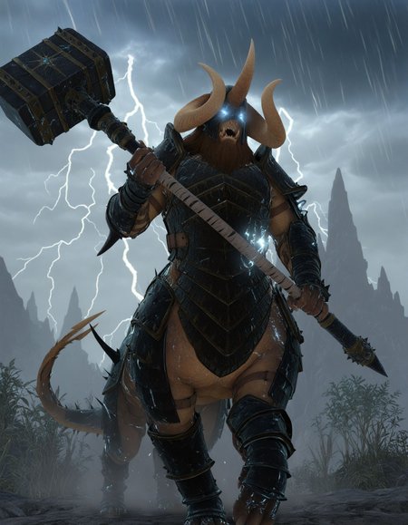 masterpiece, good quality, best quality, solo, lightning, storm, electricity, glowing eyes,
KholekSuneater, male focus, armor, horns, holding weapon, 
 <lora:KholekSuneater_Vpred:0.8>