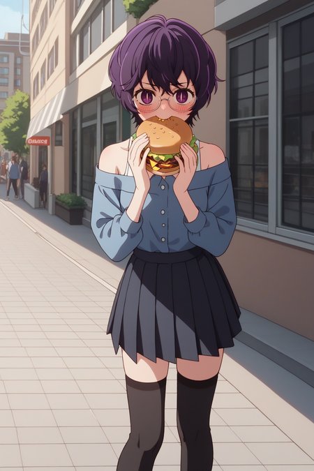 sscore_9, score_8_up, score_7_up, source_anime, 1girl, prefect lighting, very aesthetic, intricate details, highly detailed background, masterpiece, high quality, prefect hands, best quality, solo, 
<lora:Abiko_Samejima_Oshi_No_Ko_V1:.85>, KJOabiko, purple hair, purple eyes, slit pupils, short hair, 
off shoulder, blue shirt, black pleated skirt, black thighhighs, glasses, 
standing, looking at viewer, holding burger, eating, biting burger, embarrassed, blush,
street, daytime, buildings, sidewalk,
(Beautiful, small Breasts:1.2), natural breasts,
