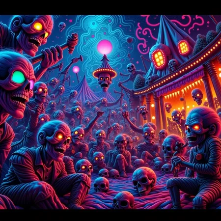 psychedelic style concept art horror-themed Dark Fantasy Art, <lora:Undead Apocalypse v1:1> und34dpsy, a psychedelic traveling circus run entirely by colorful zombies: the juggler tosses flaming brains, the contortionist has detachable limbs, and the fortune teller pulls dreams out of skulls. Everything glows â cotton candy is made of nebula mist, and rides twist into impossible geometries. Shot from a fisheye perspective, with colors vibrating like a lava lamp. The undead laugh hystericallyâ¦ even their decapitated heads., dark, moody, dark fantasy style . eerie, unsettling, dark, spooky, suspenseful, grim, highly detailed . digital artwork, illustrative, painterly, matte painting, highly detailed . vibrant colors, swirling patterns, abstract forms, surreal, trippy