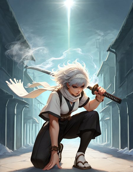 masterpiece, best quality, amazing quality, very aesthetic, absurdres, newest, scenery, highly detailed, from below, (full body), handfixer,
1girl, ronin, asian, long ice messy hair, old white kimono, (long torn white headband), long torn white scarf with smoke effect, cloth belt, beaded bracelet, White Japanese Tabi Socks, sandals, (ice katana with smoke effect), (right hand holding katana, katana over shoulder), ((on one knee, left hand on own knee)), angry, despise, alley, ancient japanese town, outdoor, winter, snow,
<lora:NikkeProfileV2_XLPD:0.8> <lora:HandFixer_pdxl_Incrs_v1:1> <lora:katana-over-shoulder:1> <lora:Ice:1>,
masterpiece, best quality, amazing quality, very aesthetic, absurdres, newest, scenery, highly detailed, dim lightingâââ