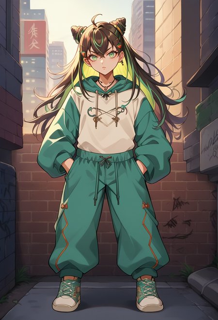 score_9, score_8_up, source_anime, 1girl, solo, Hachidori, multicolored hair, long hair, cone hair bun, ahoge, hair ornament, urban and street style, graffiti-inspired colors, cool and edgy attire, baggy pants, oversized hoodie, stylish sneakers, fashionable accessories, hip hop jewelry, confident expression, graffiti walls, energetic and vibrant atmosphere, <lora:ChamHachidoriPonyXL:1>