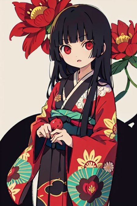 enma ai, hair down, hair black, bangs, eyes red, masterpiece, best quality, ultra-detailed, illustration, 1girl, solo, highres, photorealistic, ultra high res, (Original illustration composition), (fusion of limited color, Maximalism artstyle, kimono obi fashion, double exposure, background, illustration, Amazing, lily spider, night darkness, open one's mouth, finger, flowers red, (polychromatic peony:1.15), Movie poster,
