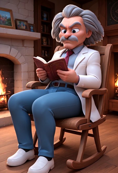 masterpiece, best quality, amazing quality, dutch angle, abstract background, BREAK
1boy, solo, male focus, old male, dr_wily, grey hair, mustache, grey eyes, lab coat, neck tie, shirt, blue pants, 
sitting on a rocking chair, next to a fireplace, reading a book,