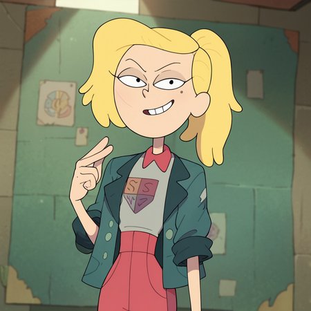 score_9, score_8_up, score_7_up, 1girl, Waybright, blonde hair, ponytail, mole under eye, flat chest, narrow waist, wide hips, looking at viewer, highres, high quality, masterpiece, <lora:Sasha_Waybright:1>