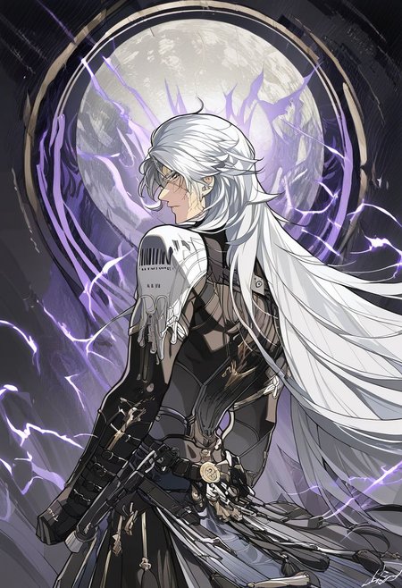 Calcharo, wuthering waves, black clothes,grey eyes, face tattoo,white hair, long white hair, ultra detailed, looking at camera, surrounded by purple electricity, detailed, masterpiece, Expressiveh, 8k, uhd,