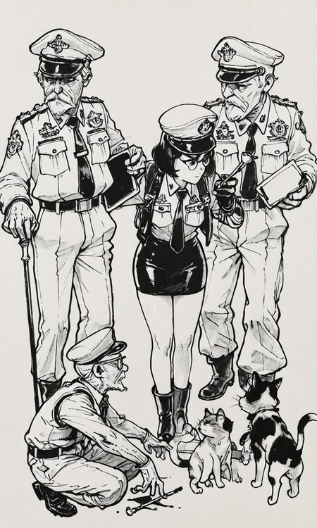 kimjunggistyle, dynamic perspective, detailed ink drawing, 1girl, simple background, shirt, skirt, long sleeves, gloves, hat, holding, closed mouth, standing, jacket, monochrome, boots, multiple boys, necktie, shorts, collared shirt, pants, belt, vest, uniform, facial hair, military uniform, traditional media, squatting, helmet, beard, peaked cap, pencil skirt, pocket, dog, military hat, mustache, pen, breast pocket, old, smoking pipe, old man, police, clipboard, police uniform, cane, holding clipboard, ink (medium), glasses, cat, black and white sketch, masterpiece, best quality, amazing quality

