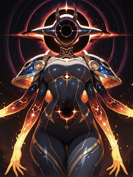 divine female creature space nebula and covered in stars, faceless, black hole head, glowing translucent arms, extra arms, shoulder pads, altshaped, fake horns, streamlined design
,masterpiece,best quality,amazing quality,   <lora:PHM_style_IL_v3.3:1>