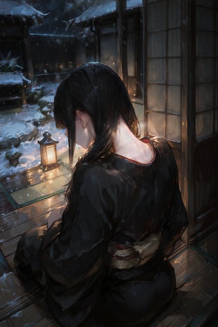 artist:, masterpiece, newest, very aesthetic, very awa, absurdres, highres, 1girl, long straight black hair, looking outside, black kimono, sitting on porch, facing away, snowing, garden, view from behind, tatami, neck, neck focus, hair over shoulder, close shot, night, warm lighting