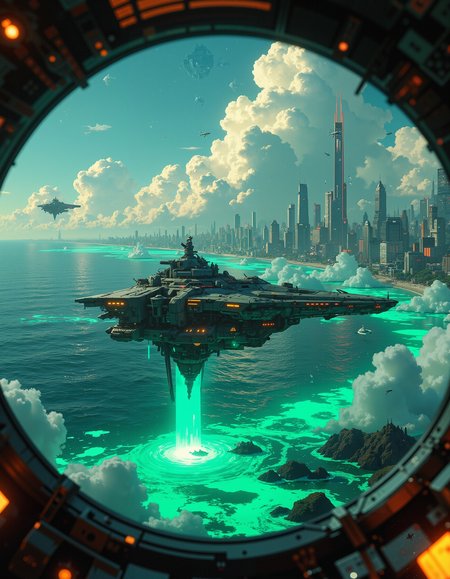 Scenery, landscape, cyberpunk flying ships over a green sea, white bioluminescence glow from the deep of the sea, the coast with big cyberpunk citys is in the background, the ships are flying between the clouds, the image is taken from one of those ships, photo taken from the cockpit of one of the ships,
hiperfocus, white clouds, extreame details, intrincate textures, at night, 
 <lora:detailed_v2_flux_ntc:1> <lora:Anime art:1>