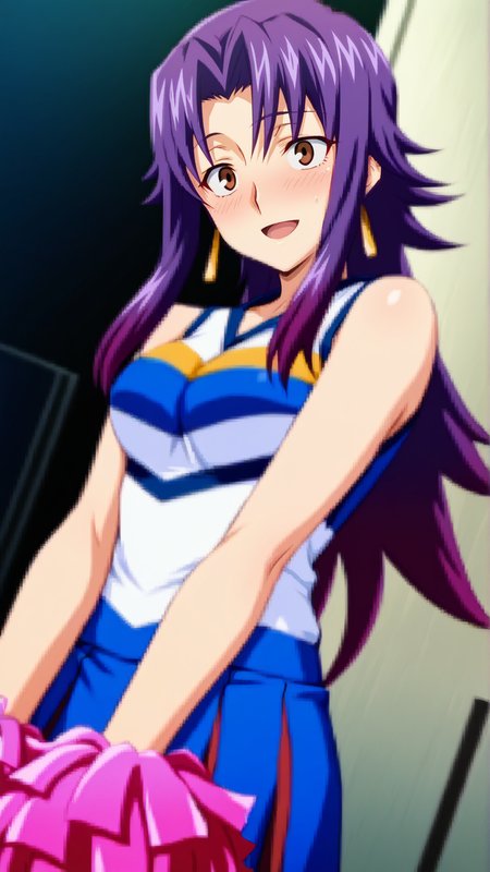 source_anime, genral, best quality, masterpiece, 1girl,  <lora:Clavier_Argo_ill_v1.0:1> clavier_argo\(srw\),brown eyes, purple hair,parted bangs, sidelocks,gradient hair,long hair, earrings, jewelry, tareme, cheerleader, (sanpaku:0.8) , happy, embarrassed,   dynamic pose, dutch angle, cowboy shot,