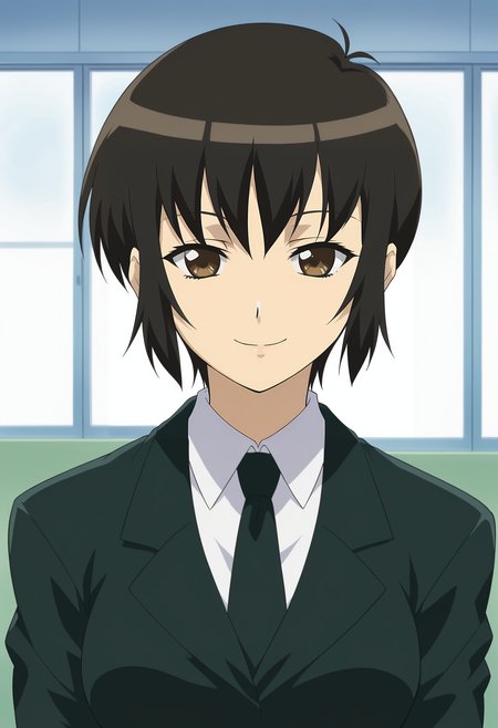 <lora:Kosame-Girls_Bravo:0.8>,1girl,solo,Kosame,short hair,black hair,brown eyes,anime coloring,suit,formal,necktie,upper body, looking at viewer, smile, indoors,