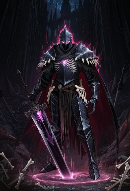 MASTERPIECE, AMAZING QUALITY, 3NDL3SS, DARK KNIGHT, BONE ARMOR, FANTASY, GREATSWORD, GLOWING EYES, DARK MAGIC