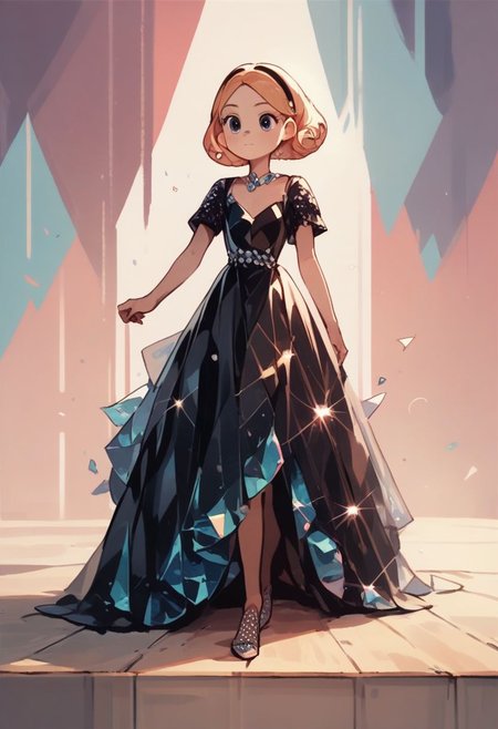 score_9, score_8_up, score_7_up, score_6_up, best quality, highres, source_anime, (cute doodle), solo, black backgruond, light, (charlie from Hazabin Hotel), young, black short, black dress, stage, fashion day, catwalk, walking, elegant, (crystalline dress)