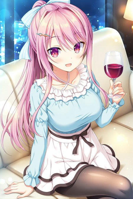 masterpiece,best quality,amazing quality,highres,scenery,newest,1girl,official style,kaguya,hair ornament,bangs,hairclip,pink hair,long hair,hair between eyes,red eyes,kaguya daily,skirt,white skirt,pantyhose,shirt,ponytail,long sleeves,blue shirt,black pantyhose,striped,striped bow,blue bow,high ponytail,<lora:kaguya:1>,bedroom,night,sofa,sitting,looking at viewer,crossed legs,blush,smile,open mouth,wine glass,holding glass,arm support,