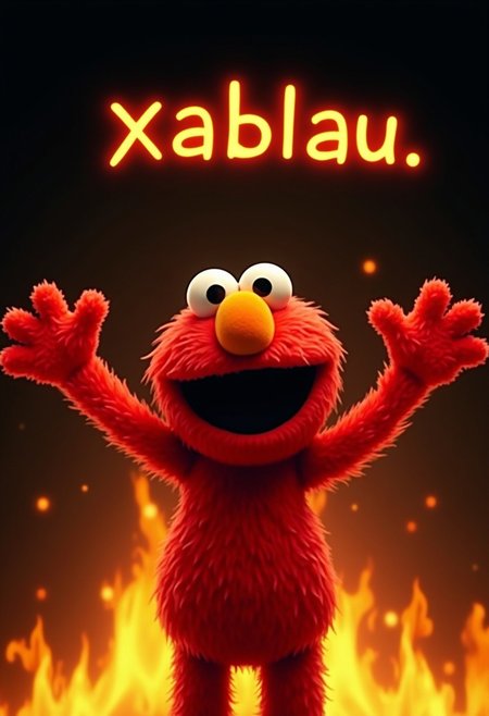 high-resolution Image, elmo, elmo from sesame street, elmo with arms up, fire, fire background, elmo screaming, text: xablau, text above elsmo saying xablau, reslistic, photorelistic, real, scary, black background with fire, complex text,