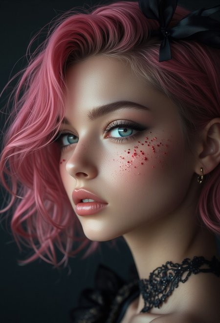 a cute Asian woman, pink hair bob, (hi-top fade), (dark theme:0.9), soothing tones, muted colors, high contrast, (natural skin texture, hyperrealism, soft light, sharp),Midjourney_Whisper, A hyper-realistic portrait of a stunning supermodel, featuring a beautifully detailed face with captivating eyes and a serene expression, The image showcases her natural beauty, focusing on her flawless skin and delicate features, The composition blends modern and traditional elements with a neo mode, avant-garde style, characterized by elegant lines, vibrant colors, and exquisite details, Her hair is styled in an intricate and unique fashion, adding to her ethereal and timeless aura, The lighting enhances her features, creating a soft interplay of light and shadow, while the high-resolution quality captures every detail with photorealistic clarity