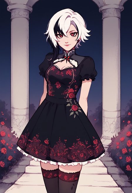 rwby, score_9, score_8_up, score_7_up, wh33z13, l414, portrait, 
BREAK
1girl, solo, looking at viewer, arlecchino gi, Adoraable  Harajuku  dress, black dress, red patterned dress, red print dress, rose print dress, micro dress, frilly dress, black stockings, frilly stockings, red print stockings, rose print stockings, red flats, outdoors, architecture, pillar, bush, (nature:0.9), vines, wind, falling leaves, arms behind back,x-shapped pupils, white hair, short hair, cleavage, arch, night, night sky, light smile, open eyes, closed mouth, d4rkpurp