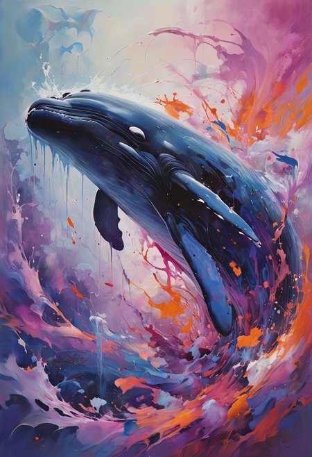 A stunningly realistic whale glides majestically through the sky, its detailed skin shimmering with shades of deep blue and gray. The whale's features are intricately rendered, showcasing the texture of its skin and the gentle curves of its body. Surrounding the whale is an abstract background filled with swirling colors and shapes, creating a vibrant contrast. The background consists of bold splashes of color—rich purples, fiery oranges, and soft pinks—intertwined with fluid, dreamlike patterns that evoke a sense of movement and whimsy. This artwork combines the realism of the whale with a captivating abstract environment, inviting viewers into a surreal world where nature and imagination collide.
[style of greg rutkowski,janek sedlar,jenny saville:0]  <lora:vivid_everclear:0.35>  <lora:Sinozick:0.35>  <lora:MJ52:0.35>