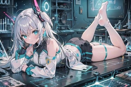 (masterpiece), (science fiction:1.4), 1girl, lying on the back on a mirror, lying on the back on a mirror, lying on the back on a mirror, smile, silver hair, aqua eyes, headgear, long sleeves, detached sleeves, glowing energy clothing, light particles, energy particles, perfect hands, perfect legs