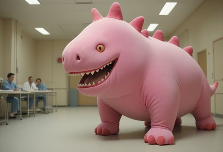 epic, cinematic, a towering (clown) pink chonkasaurus, (10chonkasaurus crowd), desaturised colours, in a sterile room, <lora:chonkasaurus-000003:1>