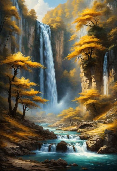 a landscape of a waterfall with gold water,
 masterpiece, highly detailed,
EdobHorrorLandscape,