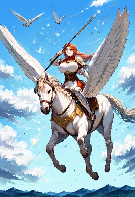 score_9,score_8_up,score_7_up,extreme detailed,full_body,zPDXL BREAK sky,flying,1girl,huge breasts,
<lora:Pony_DetailV2.0:1>,pegasus knight,horse,horseback riding,pegasus,<lora:pegasus knight-v2-pony:0.8>,long hair,shoulder armor,breastplate,pegasus knight uniform \(fire emblem\),holding_polearm,charging forward,