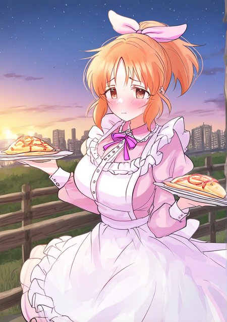 <lora:NierNier00256:1>,1girl, abe nana, detailed background, huge breasts, wide hips, idolmaster, idolmaster cinderella girls, apron, breasts, brown eyes, city, closed mouth, dusk, eyebrows, fence, furrowed brow, hair ribbon, holding, holding plate, long sleeves, looking at viewer, maid apron, orange hair, outdoors, parted bangs, pink ribbon, plate, post and rail fence, puffy long sleeves, puffy sleeves, ribbon, short hair, short ponytail, sidelocks, solo, star (sky), white apron, wooden fence, 
very awa, masterpiece, best quality, highres, absurdes,amazing quality,year 2024,newest