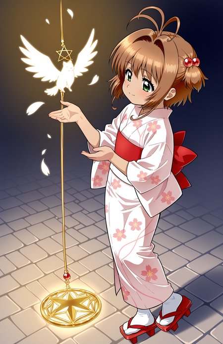 1girl, solo, <lora:Daikin:1> dkn,
kinomoto sakura, yukata, short sleeves, obi, white socks, geta, floral pattern, (medium shot), performing a ritual, detailed face, located in a magical scene at a ancient village during starlit night with clear weather, illuminated by shimmering light, creating a ethereal,heroic atmosphere, extremely detailed, highres, masterpiece, best quality
