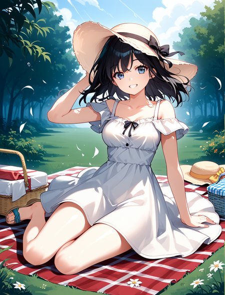 score_9, score_7_up, source_anime, 
1girl, solo, long black hair, sundress, thighs, medium breasts, smile, sunhat,  picnic blanket, wind, sandal
sitting, yokozuwari,  <lora:yokozuwari_XL:0.9>