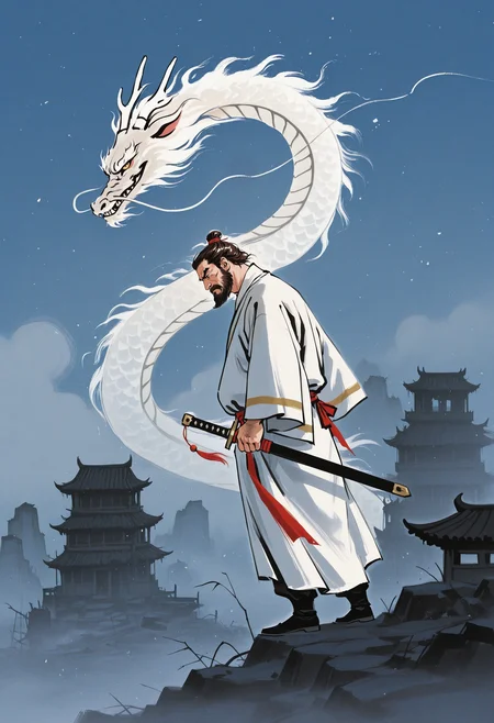 1boy, head down, head tilt, male focus, holding sword, smirk, from side, (close-up:1.5),
BREAK
mature male, brown hair, short hair, <lora:PoolpartyIL:1> PoolpartyGraves, chinese clothes, white robe, floating clothes,
BREAK
large pectorals, thick thighs, thick arms, stomach, belly,
BREAK
minimalism, smoke, fog, dark, blue background, fire, ruins, east asian architecture, eastern dragon, dust, above clouds,
BREAK
<lora:Ink_wash_painting_style_from_Doubao_AI_v1:1> dbiwpstyle, traditional media, retro artstyle,
BREAK
bara, best quality, masterpiece, very aesthetic, absurdres, highest detailed, very awa, detailed background,