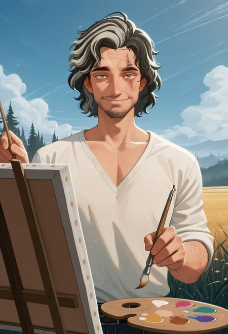 masterpiece, best quality, amazing quality, <lora:verso_illustrious_byJaneB:1> versoe33, multicolored hair,  scar across eye,
1boy, white shirt, V-neck,  canvas \(object\), painting \(action\), smile,  <lora:afkJourneyIllustrious2:1> afkJourneyStyle, paintbrush, palette \(object\),