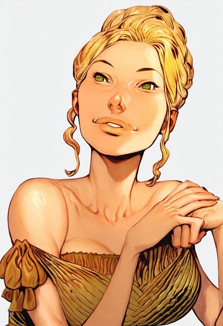 Score_9, score_8_up, score_8_up,style of Gerry Anderson, Jennifer_Winterfield, 1girl, solo, blonde hair, green dress, head tilt, parted lips, teeth, smile, upper body, green eyes, bare shoulders, medium breasts, hair pinned up