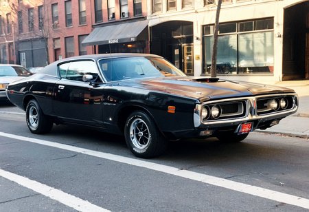 ClassicMuscleCar, black Dodge charger, front side view, foggy morning, New York street, bright headlights, 4K, highly detailed, ((stylish grainy analog 35mm film photo))